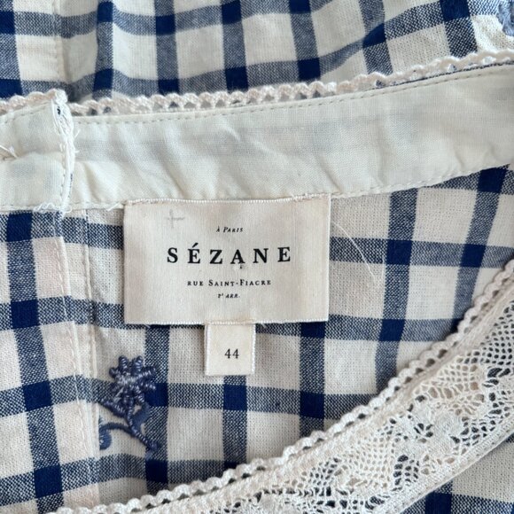 Sezane Thalyna Blouse Blue Floral Embroidery on Vichy Fabric - Picture 10 of 10